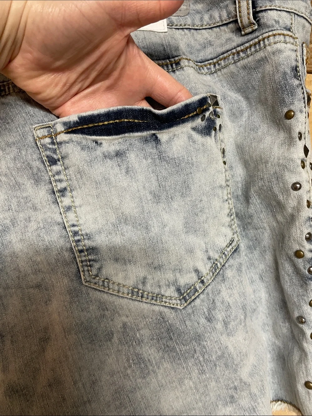 Maurices size 24 Light Blue Distressed Jean Short with Stud and Gem Detail Sides