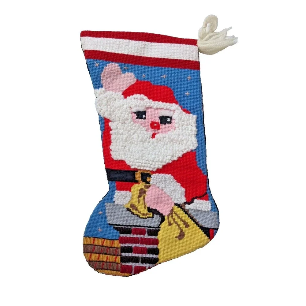 Vintage Needlepoint Christmas Stocking Handmade Santa in‎ Chimney Kitsch Retro