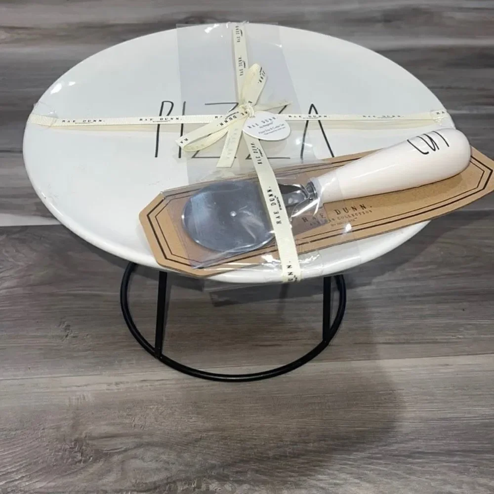 NWT Rae Dunn Pizza Tray and Cutter Set - includes stand, plate, and pizza cutter