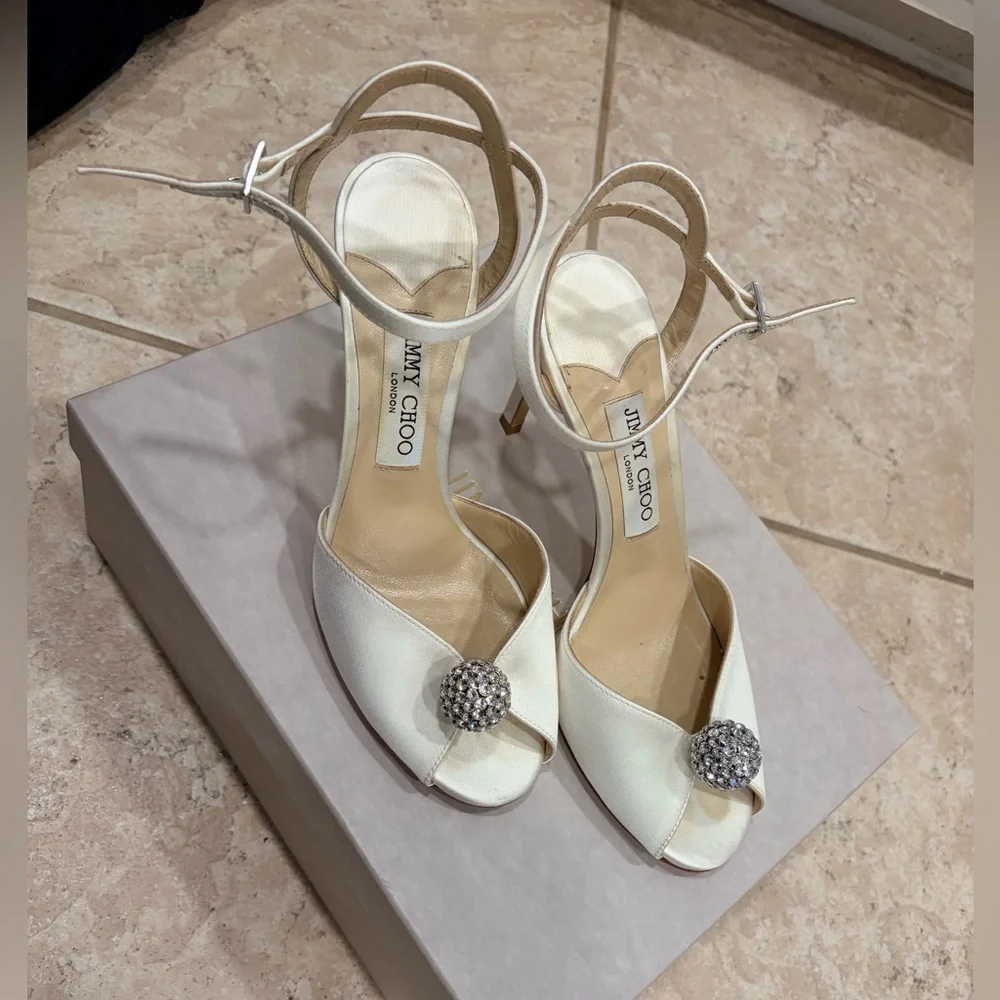 Sacora 85 Ivory Satin Sandals with Crystal-Embellished Sphere
