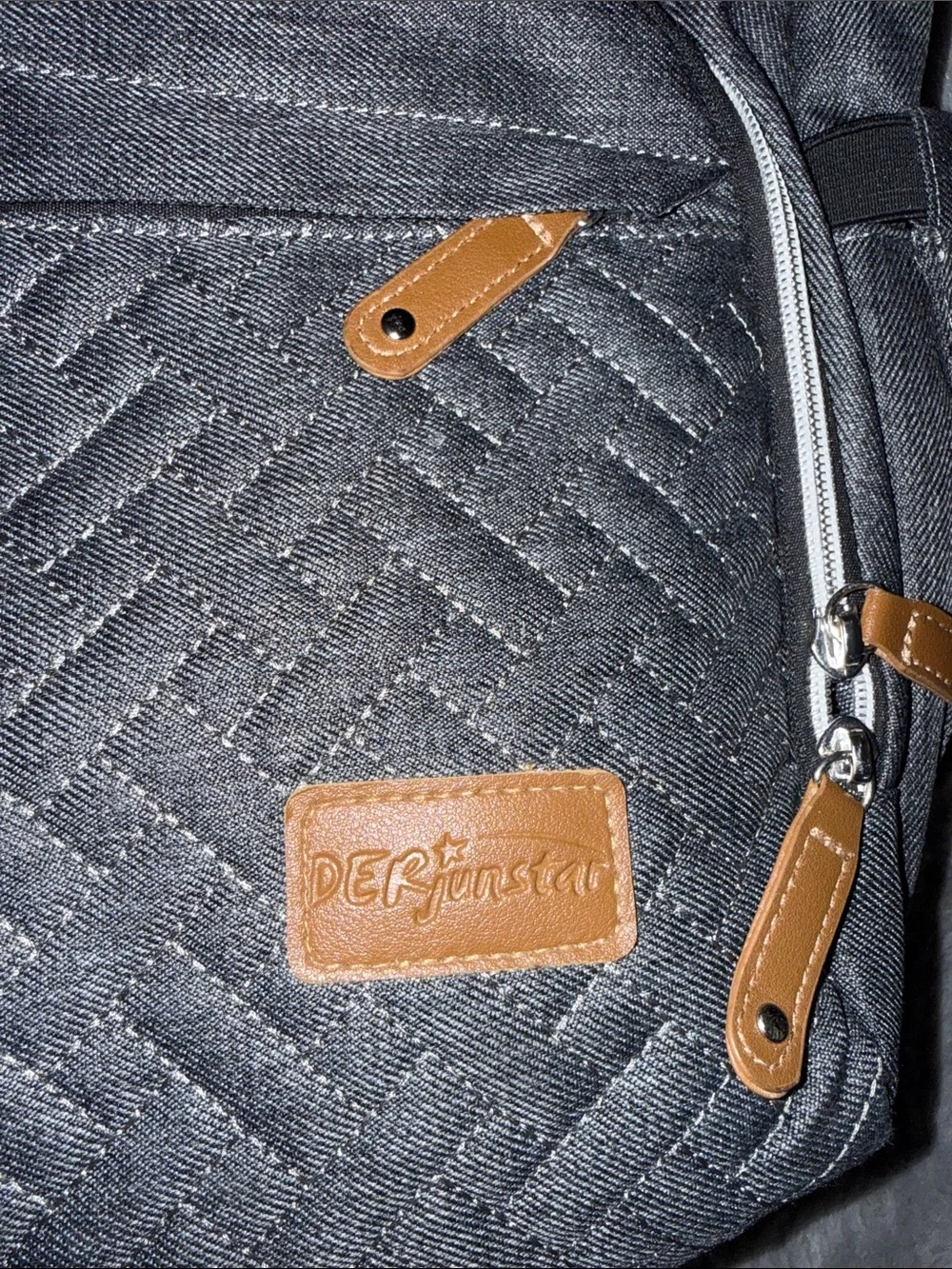 Der junstar Diaper bag Grey Quilted Backpack with Tan Accents