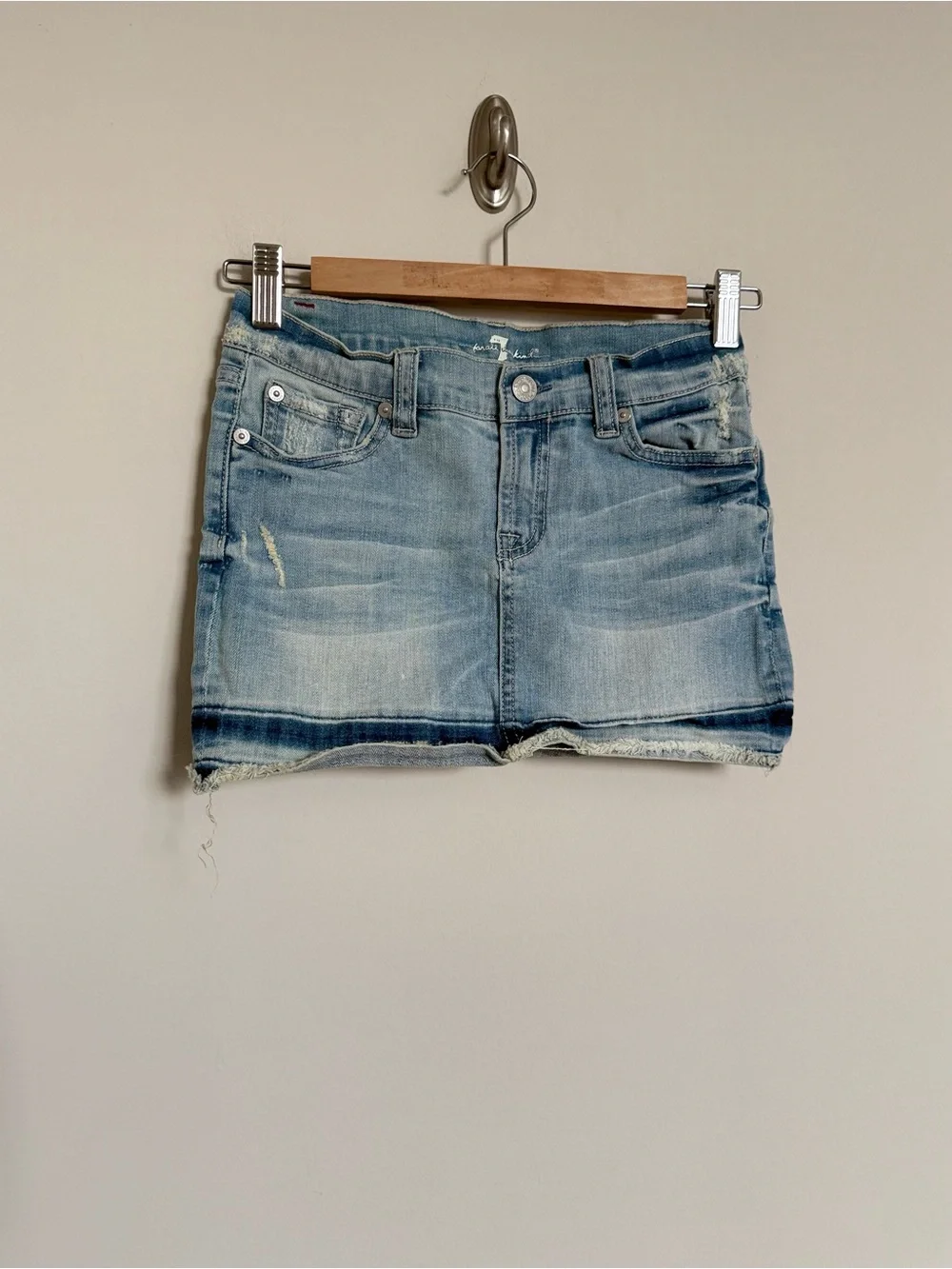 7 For All Mankind Light Wash Denim Mini Skirt Size 10 | Distressed Y2K Low Rise