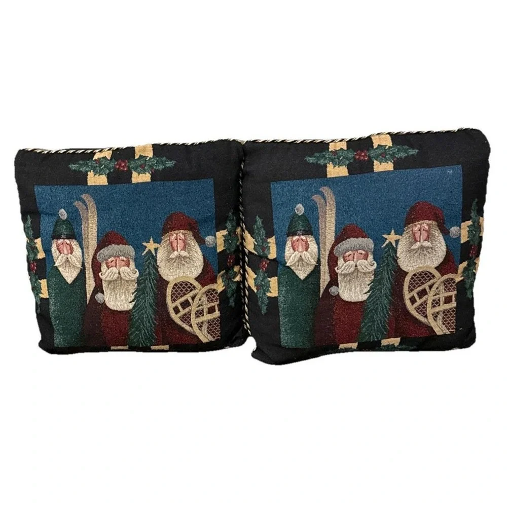Vtg Tapestry Primitive Santa Claus Skiing Christmas Throw Decor‎ Pillow Set Of 2