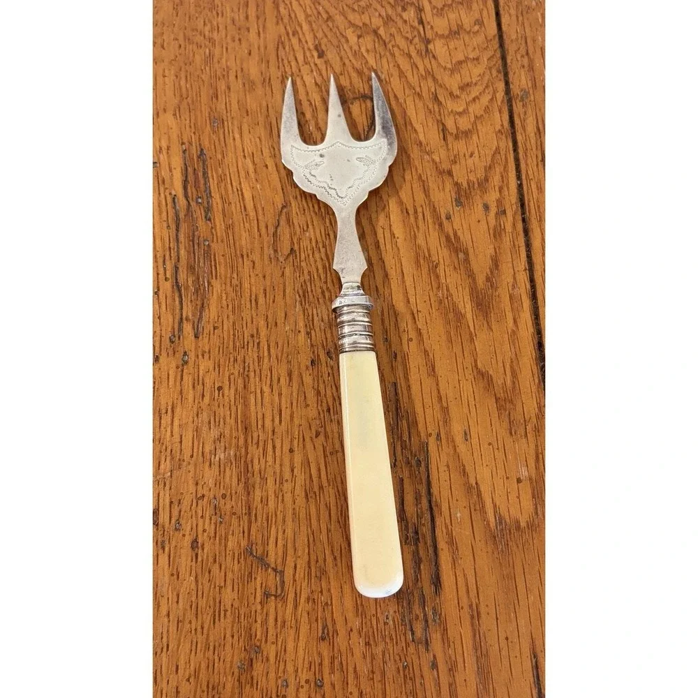 Antique Silverplate Fork 3 Tine Serving Fork Ivory Plastic Handle EPNS