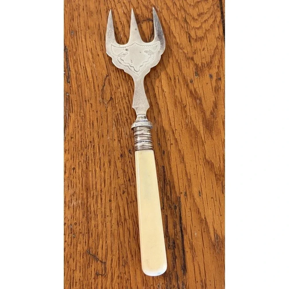 Antique Silverplate Fork 3 Tine Serving Fork Ivory Plastic Handle EPNS