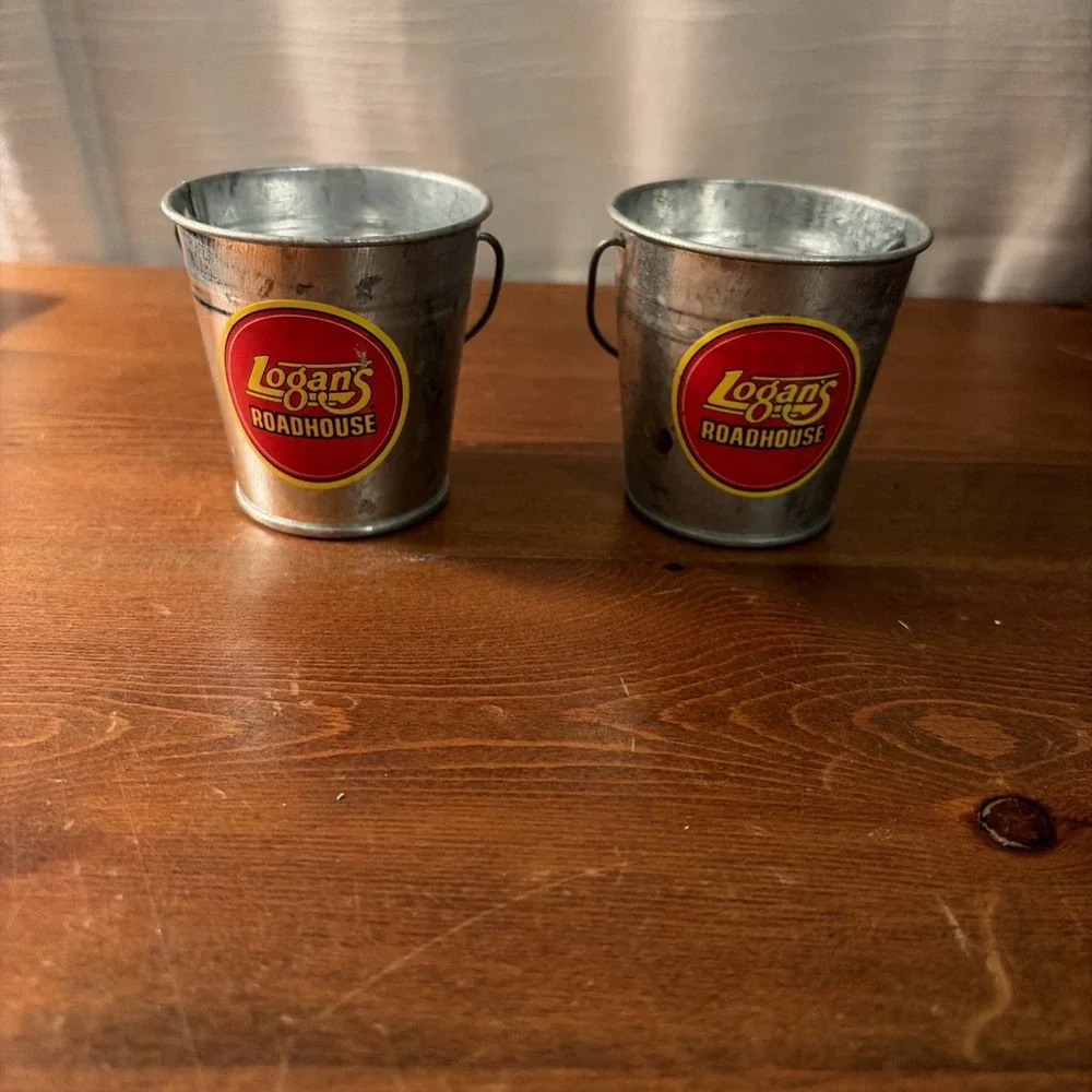 Logan's Roadhouse Mini Miniature Metal Buckets Lot of (2) Pails / Shotglass