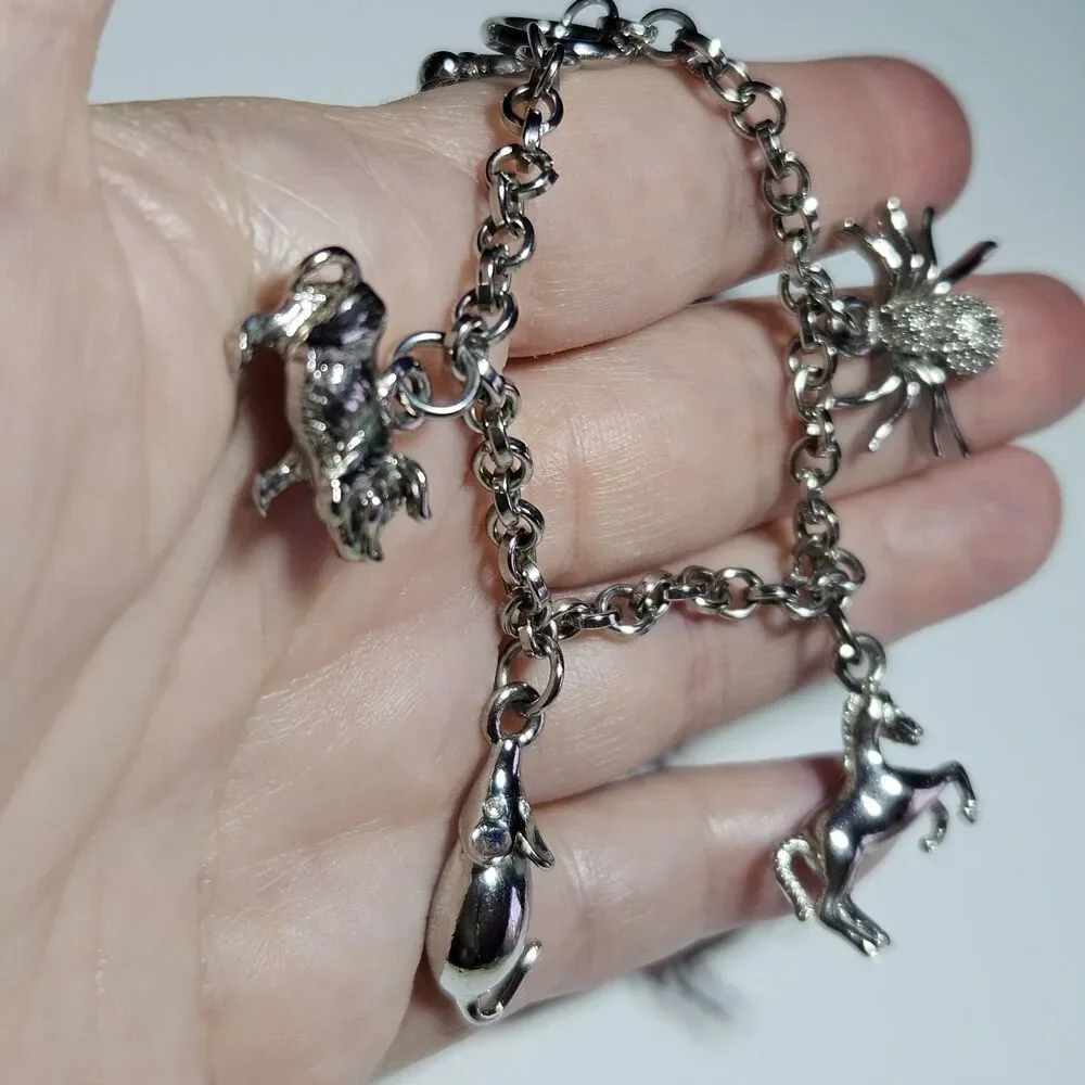 Silver Tone Spider Pig Mouse Horse Charm Toggle Bracelet 6