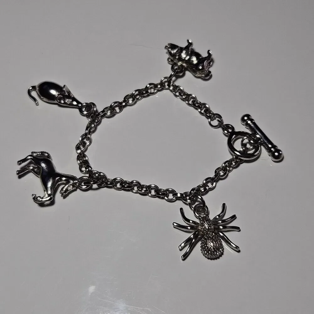 Silver Tone Spider Pig Mouse Horse Charm Toggle Bracelet 6