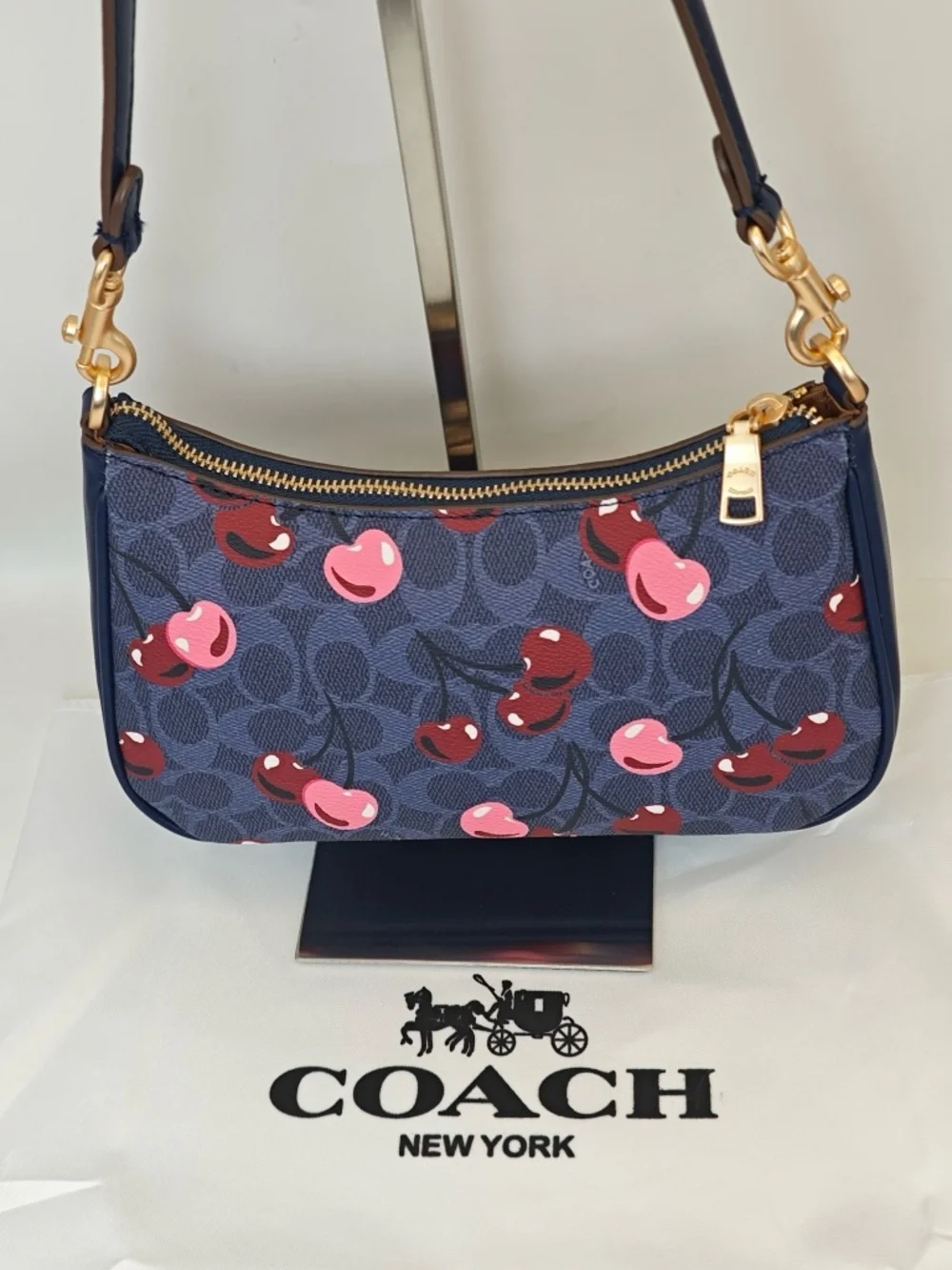 Coach Navy Cherry Print Shoulder Bag with Pink & Red Accents
