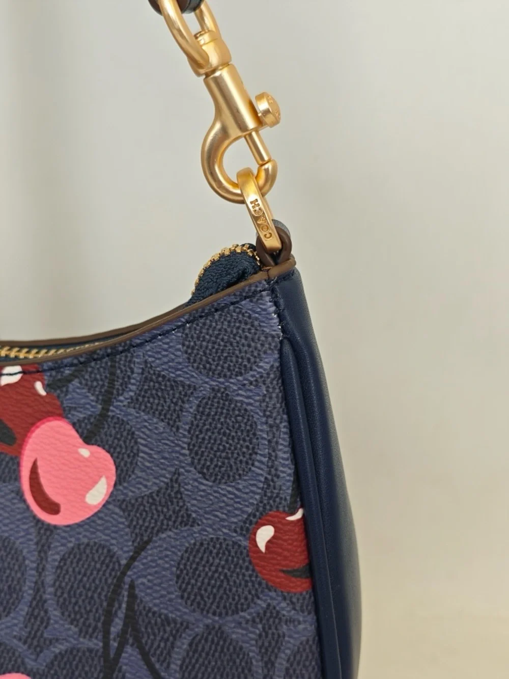 Coach Navy Cherry Print Shoulder Bag with Pink & Red Accents