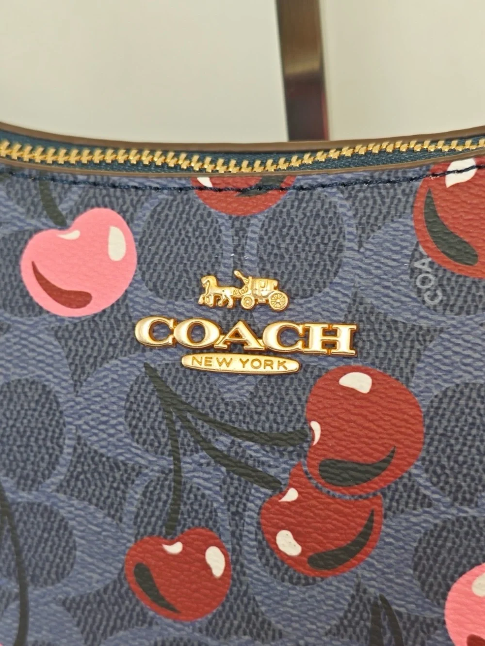 Coach Navy Cherry Print Shoulder Bag with Pink & Red Accents