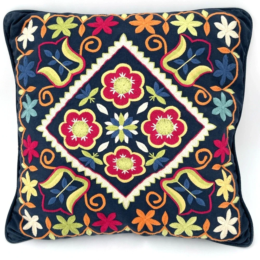 Pottery Barn Romanian Heavily Embroidered Feather Pillow 18x18 Floral Navy Blue