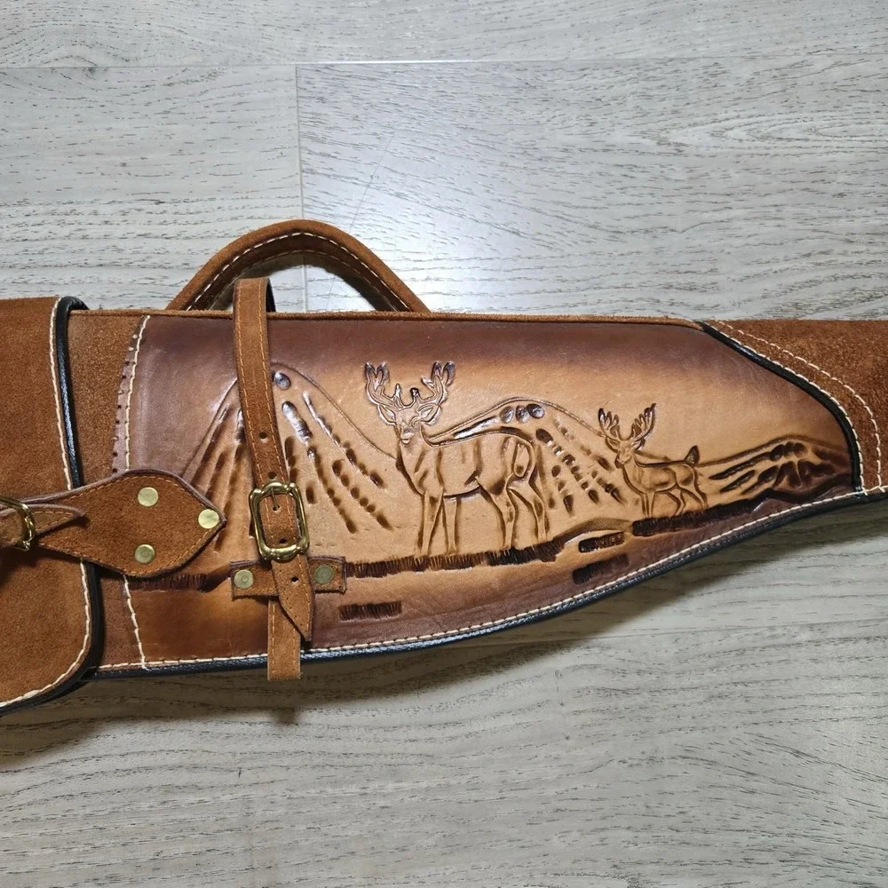 VTG Leather Rifle Gun Case‎ Scabbard Hand Made Deer Scene Western Design 51x9