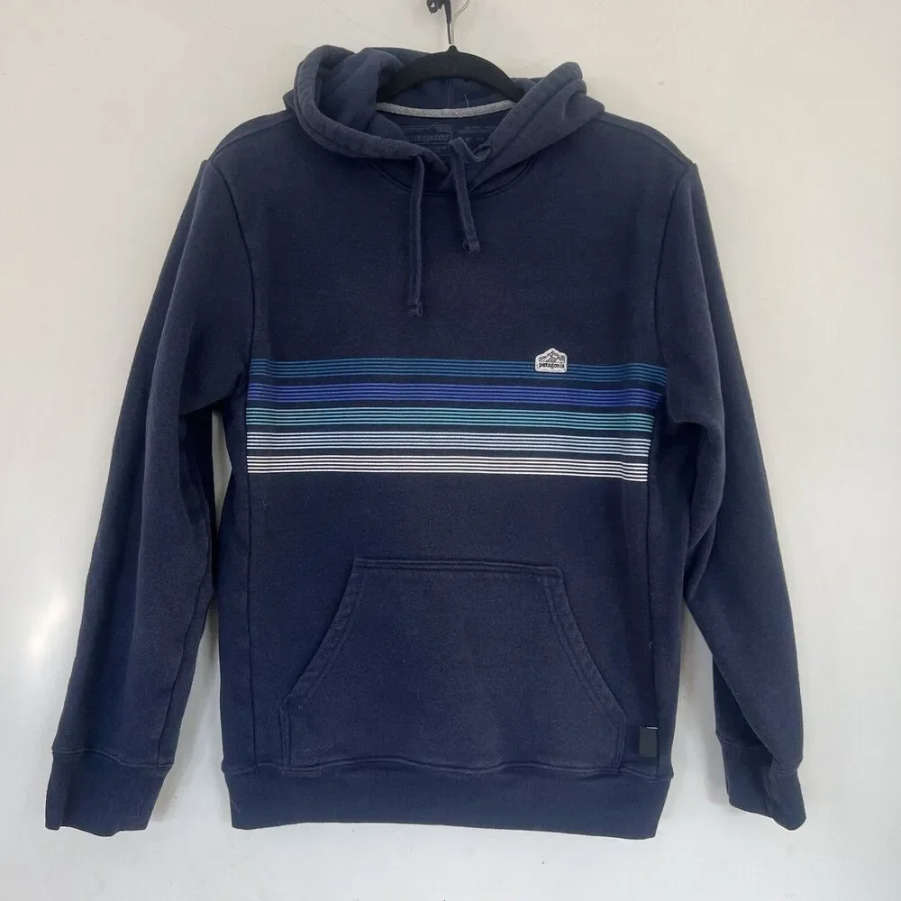Patagonia Sweater Men's Hoodie Size Small Uprisal  Navy Blue Striped Long Sleeve