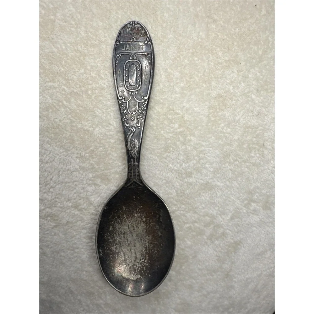 VTG Birth Record Wm Roberts Baby Spoon August 14 1935 Janet Silver Plate Jewelry