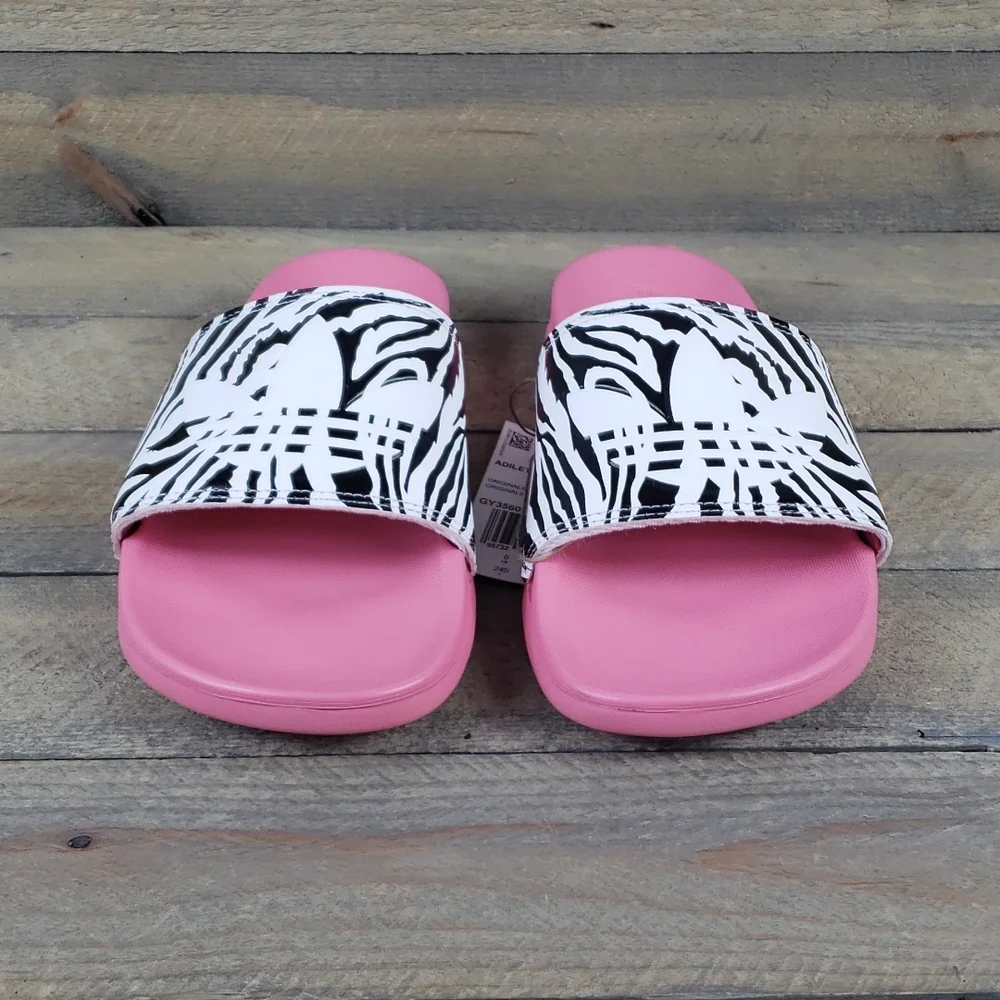 adidas Women's Adilette Comfort Slide Sandals Rose Tone Black/White Zebra Print