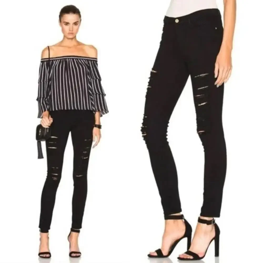 Frame Le Skinny de Jeanne Black Distressed Low Rise Denim Jeans 24