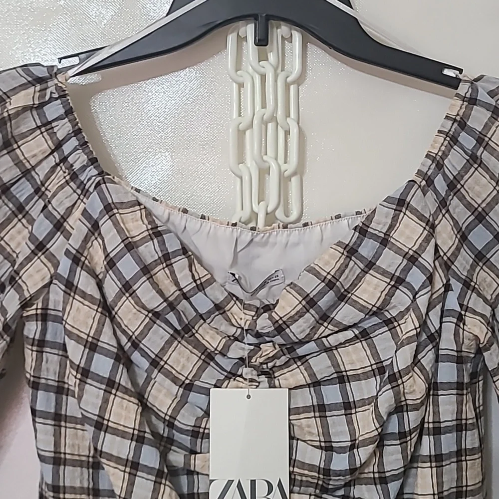 Zara Women's‎ Plaid Long Sleeve Crop Black & White Top Size Medium NEW WITH TAGS
