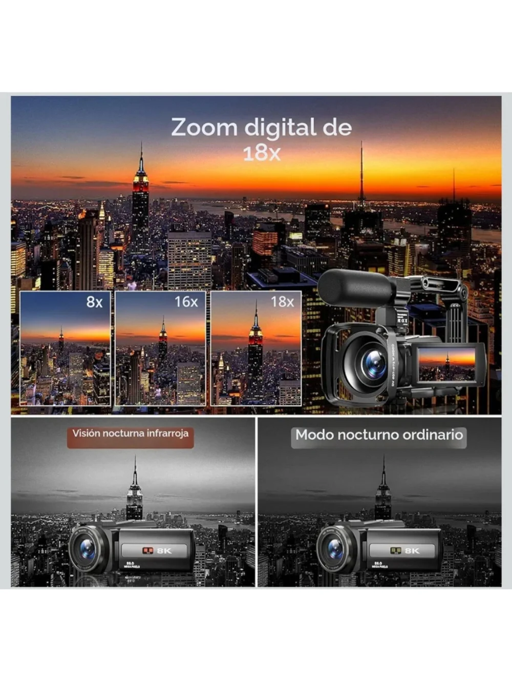 8K Black Video Camera with External Microphone - Professional Camcorder