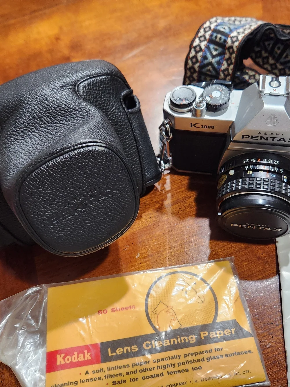 Vintage Pentax Camera Kit with Brown Leather Camera Bag and Black Lenses
