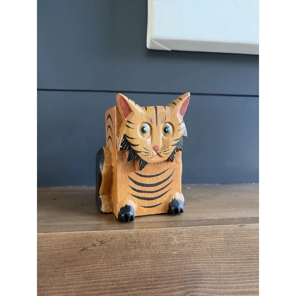 Hand Carved Wooden Cat Trinket Box Folk Art Kitty Storage Box 5