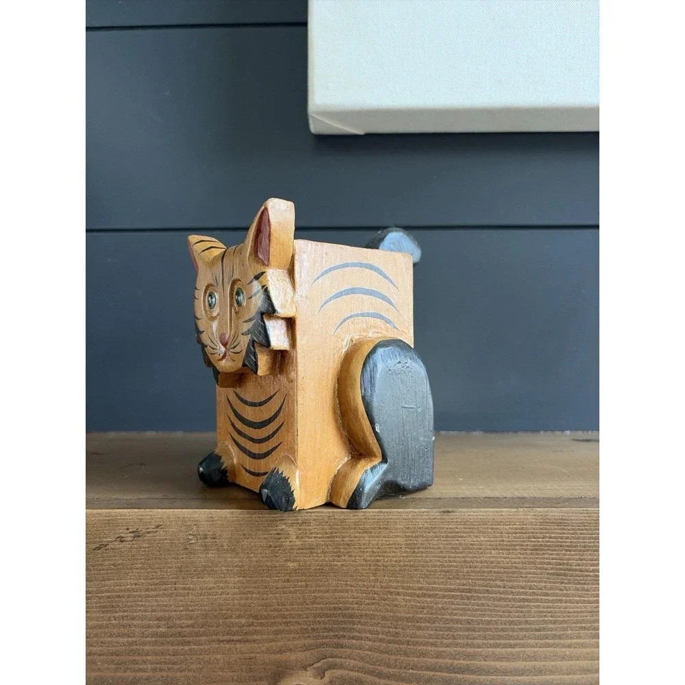 Hand Carved Wooden Cat Trinket Box Folk Art Kitty Storage Box 5