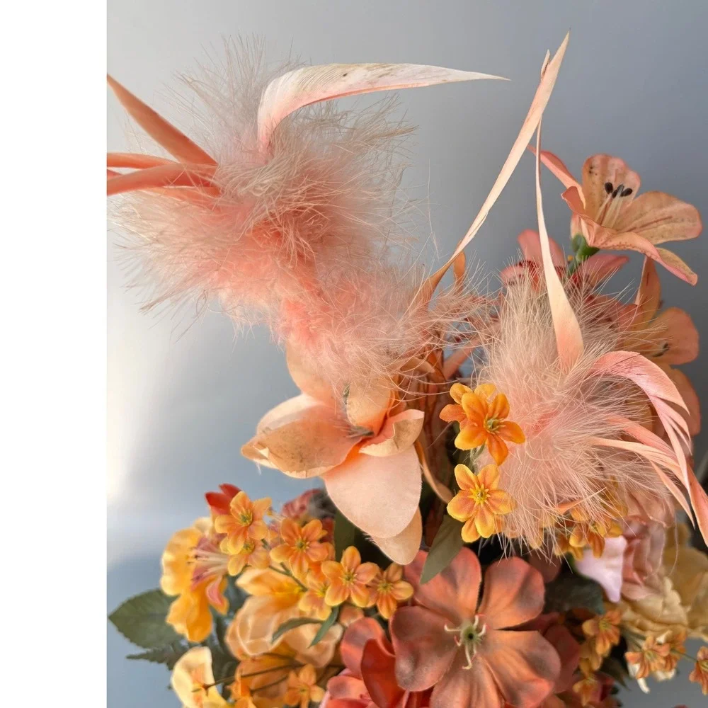 Vtg Silk Floral Arrangement Peach Feathers Roses Brass Bowl Made in India 15