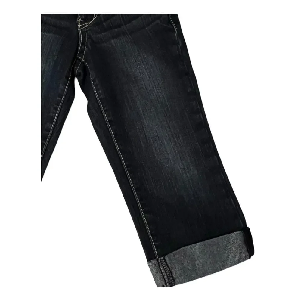 Justice Girls Jeans Size 8S Dark Wash Cuffed Hem Pockets Snap Close Lose Kids