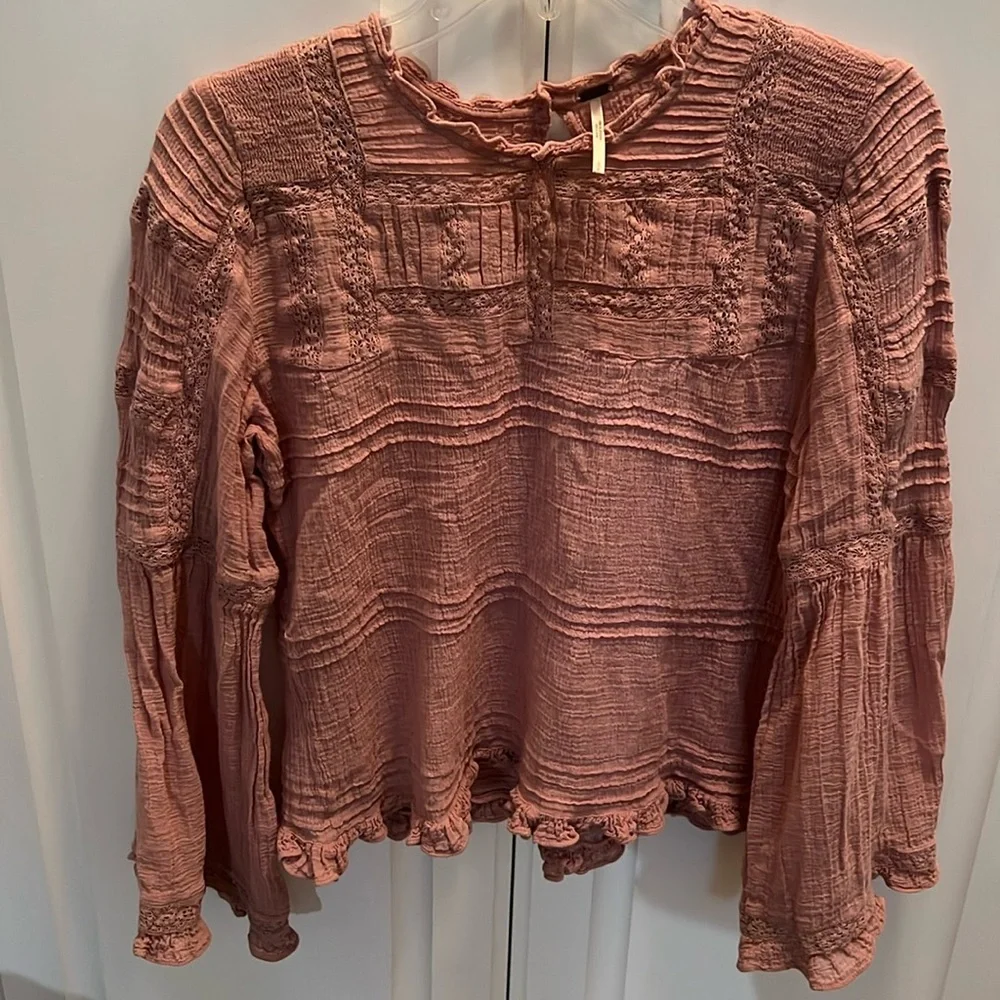 Free People Olivia Peony Bohemian Eyelet Lace Top Bell Long Sleeve Blouse S