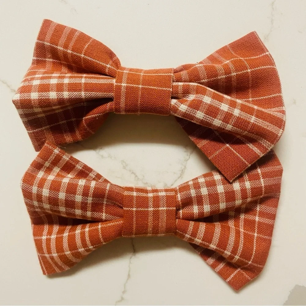 New handmade Plaid Bow Hair Clips for girls Brown/Orange Fall coquette pigtails