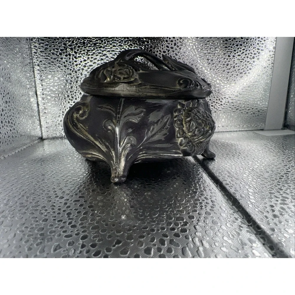 Antique Art Nouveau jewelry casket trinket box‎ heavy floral #122 4.5