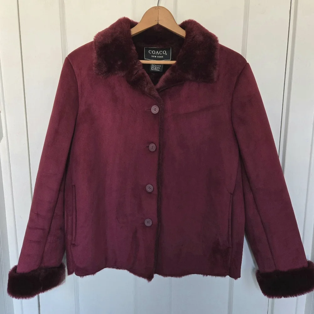 Coaco Women's Burgundy Penny Lane Coat Size S Faux Fur Trim Y2K Bratz Statement