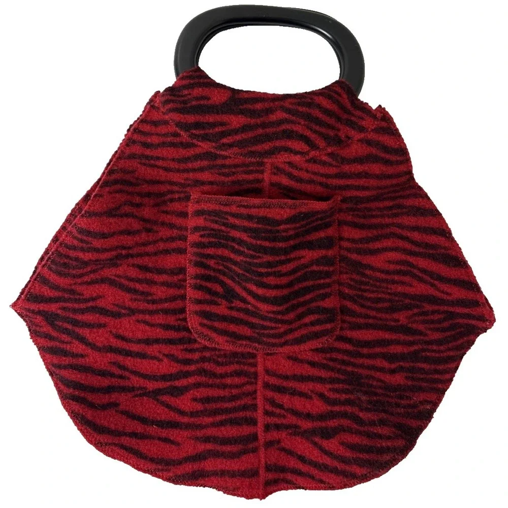 Wool Zebra Print Top‎ Handle Bag Handbag Purse Wood Handle Red Black