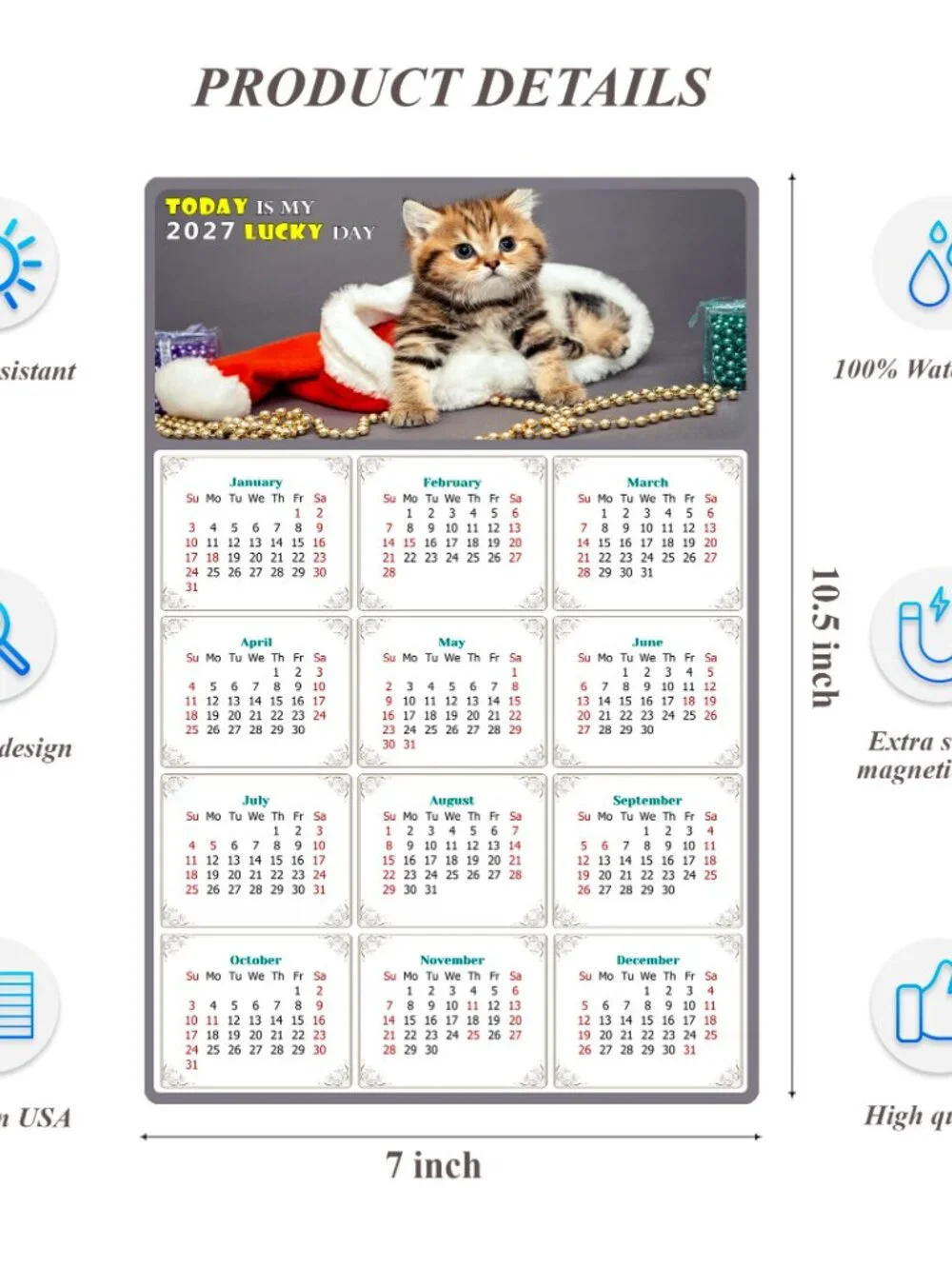 2027 Magnetic Calendar - Today is my Lucky Day - Cat Themed 023 (7 x 10.5)