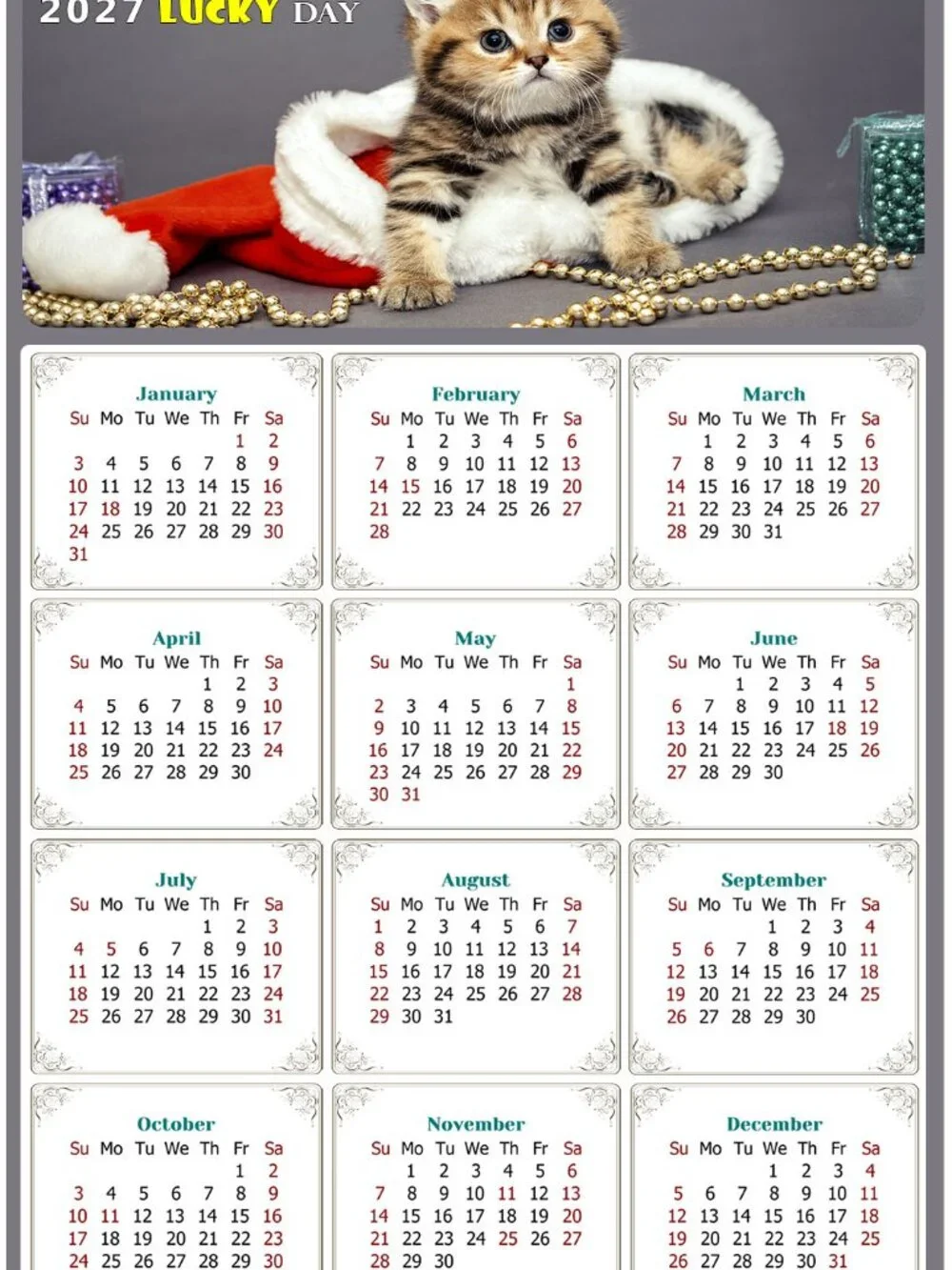 2027 Magnetic Calendar - Today is my Lucky Day - Cat Themed 023 (7 x 10.5)