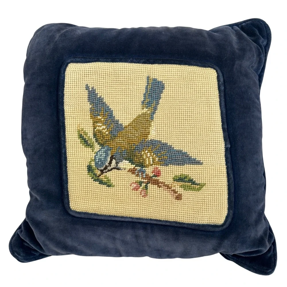 Vintage Bluebird Needlepoint Blue Velvet Throw Pillow 14x14 Square Accent