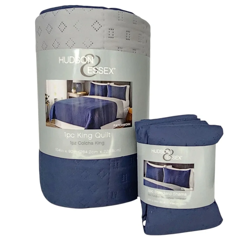 Hudson Essex 3pc Navy Gray Reversible One King Size Quilt And 2 Standard Shams