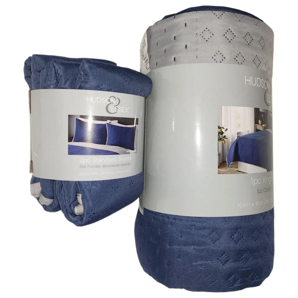 Hudson Essex 3pc Navy Gray Reversible One King Size Quilt And 2 Standard Shams