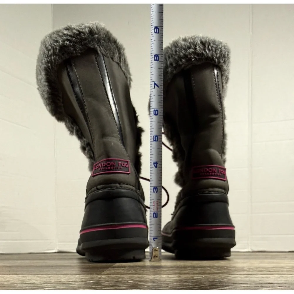 London Fog Hackney Girls Winter Boots Grey Pink Faux Fur Size 4 Y2K Snow Bunny