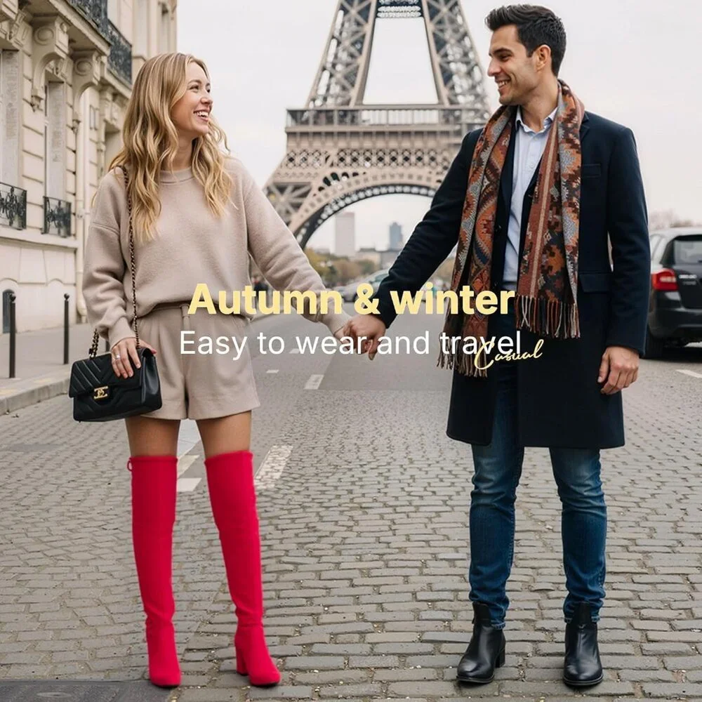 Women's Red Suede Chunky Heels Zipper Over The Knee High Adjustable Opening Boot