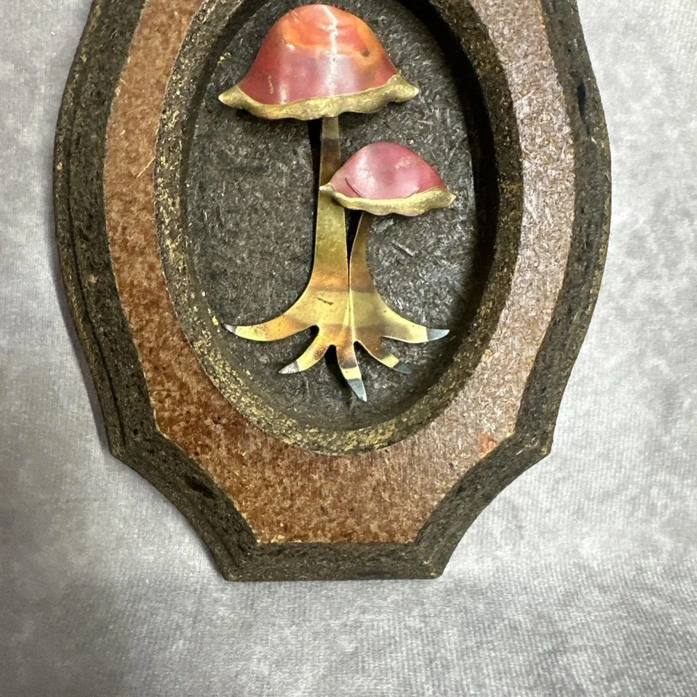 Vintage Mushroom Wall Hanging 1970s Boho Home Decor Metal and Wood