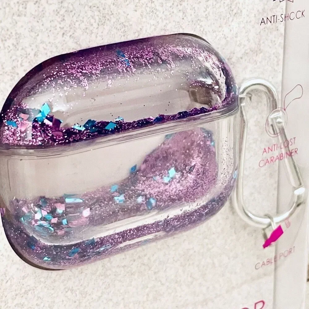 NWT Clear case cover Apple AirPods Pro Purple Glitter cable port Anti shock