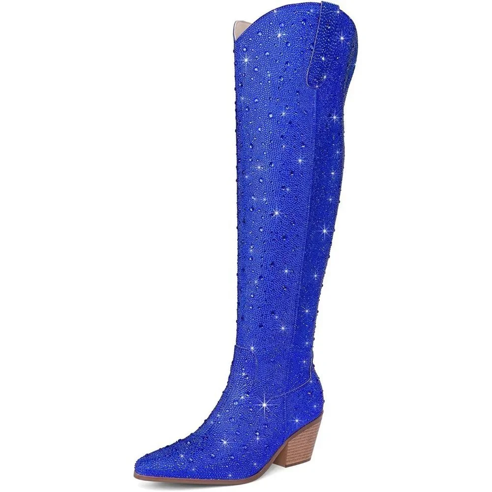 Women Blue Faux Leather Sparkly Bling Rhinestone Over the Knee Cowboy Boots