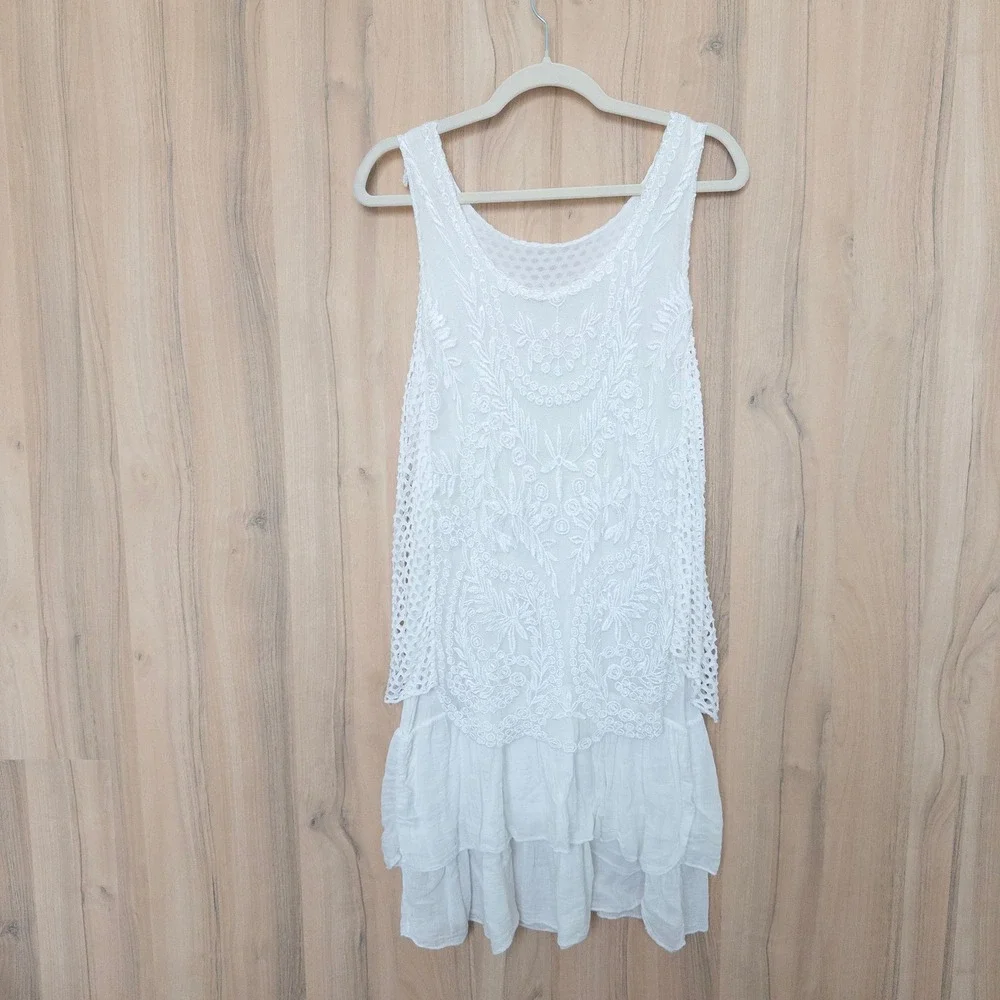 Womens Lace Layered Dress L White Mesh Floral Embroidered Boho Festival Italy