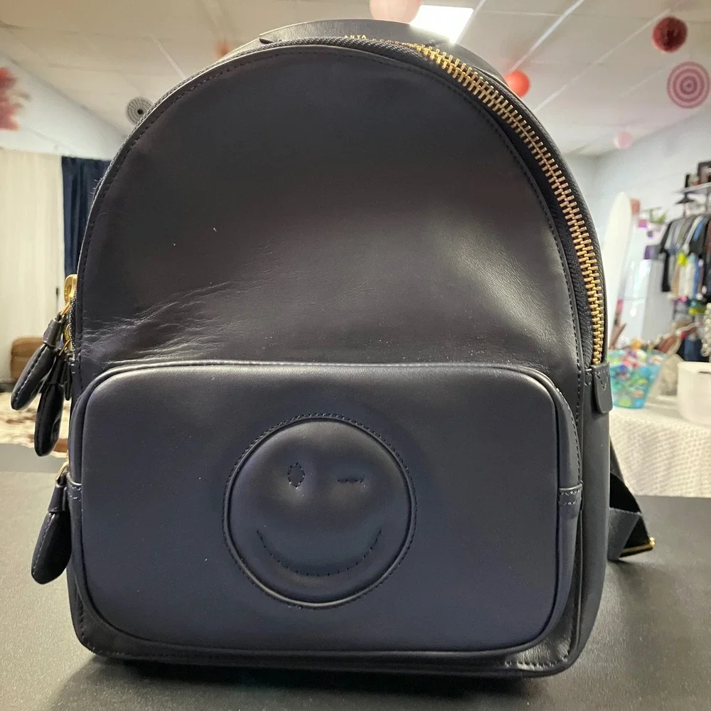 Anya Hindmarch Wink Smiley Face Navy Blue Leather Backpack Gold Hardware