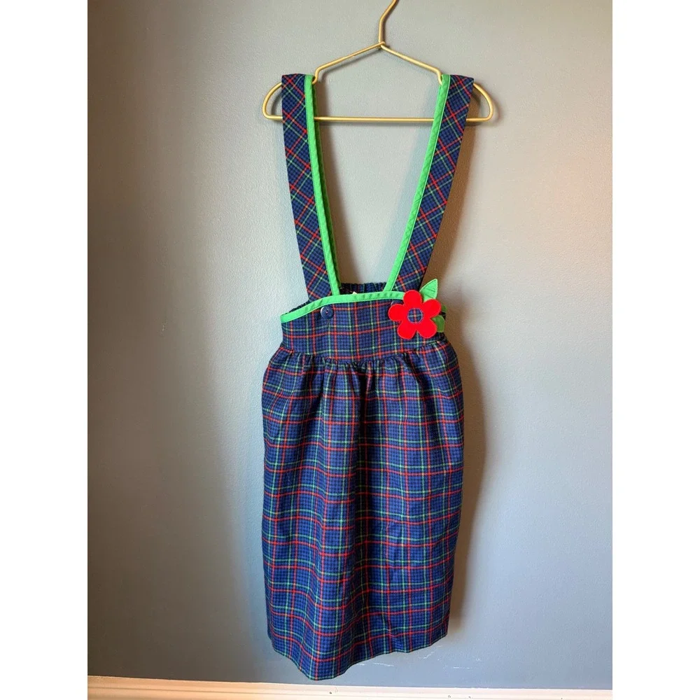 Florence Eiseman‎ vintage Blue Plaid Jumper Dress Red Flower Applique