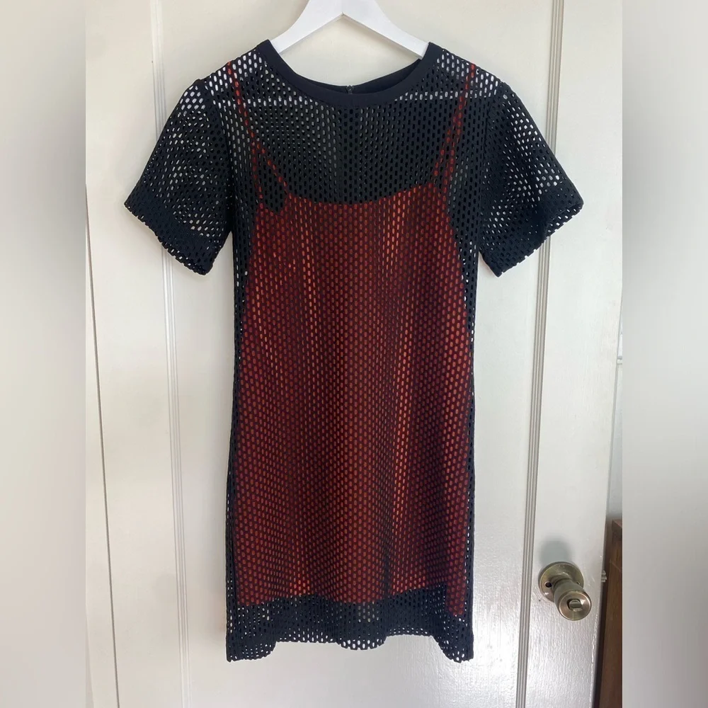 SANDRO Paris Resille Short Sleeve Mesh Overlay Combo Dress size Small