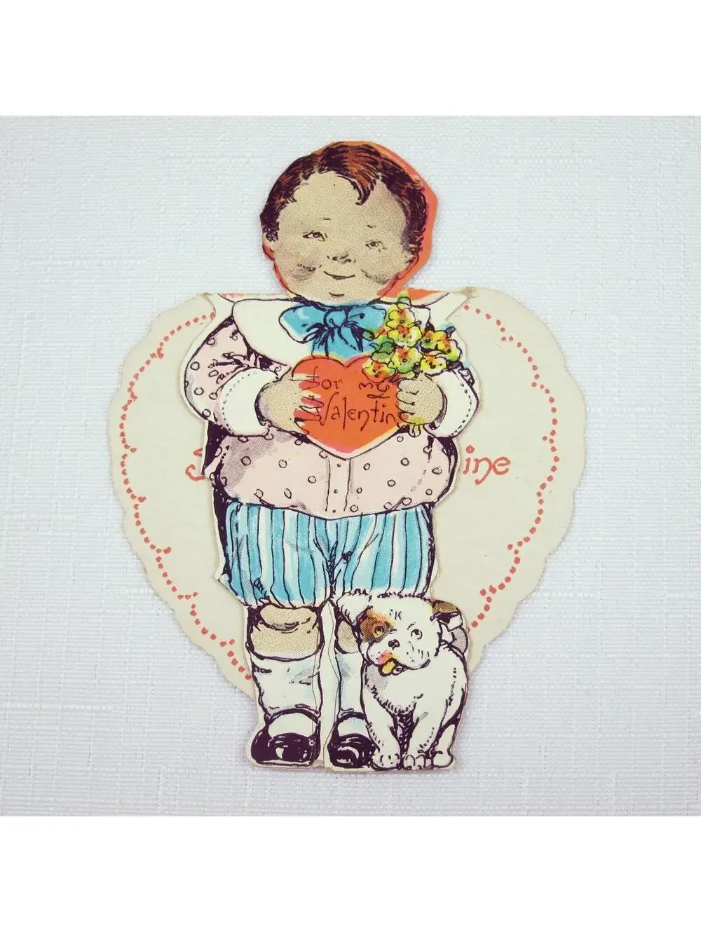Vintage Valentine Cutout Card Stand Up Boy w/ Flowers & Dog 1920s-30s UNSIGNED