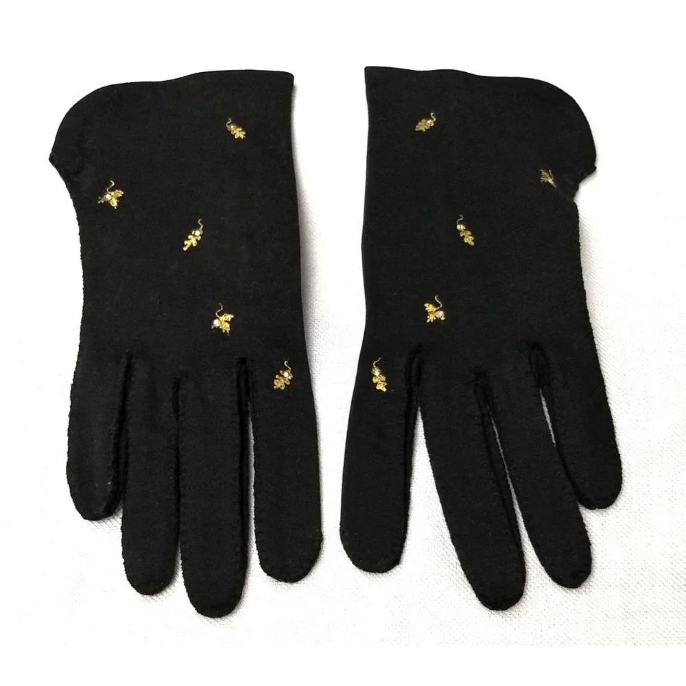 Madeleine Debs Wristlet Gloves Black Gold Embroidered Leaf Rhinestone Size 7 Vtg