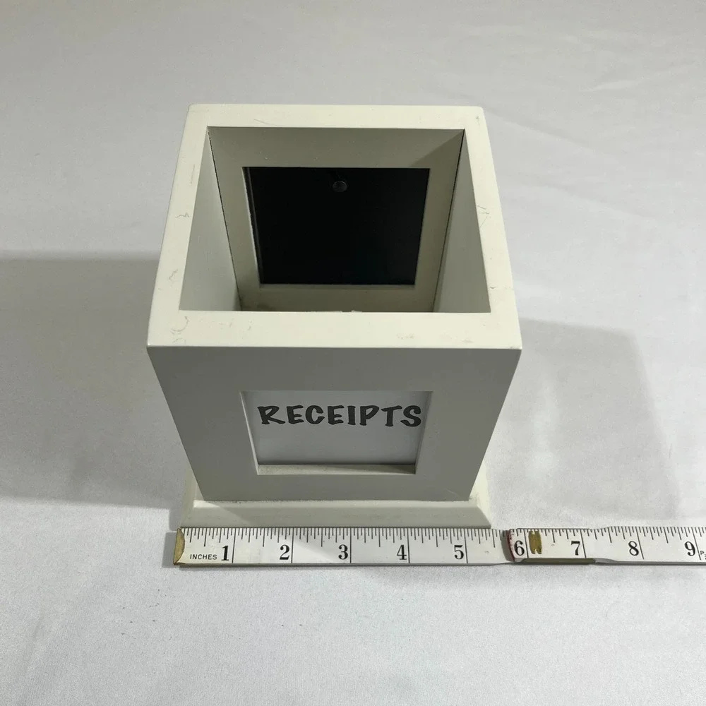 White Wooden Receipt Box Desktop Organizer Square Paper Storage Holder Office